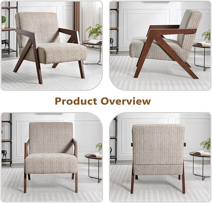 Bonzy Home Mid-Century Modern Accent Chair Set of 2 with Wood Frame, Upholstered Armchair for Bedroom & Living Room, Linen Fabric Cushion, Z-Shaped Armrest Design, Sturdy Lounge Chair,Brown