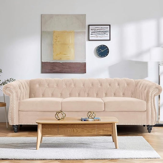 Home Sofa Living Room Furniture, 3 Seater 84" Velvet Upholstered Couch, Mid Century Modern Comfy Couch with Cushions, Classic Tufted Chesterfield Couches for Bedroom, Office, Apartment (Beige)