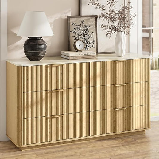 Fluted 6 Drawers Dresser with Charging Station, 55" Wide Modern Chest of Drawers with Faux Marble Top, Wooden Dresser TV Stand, Wood Drawer Organizer for Bedroom, Living Room, Hallway, Natural Oak