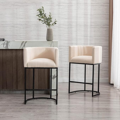 Contemporary Cream Linen Bar Stool, 29" Upholstered Fabric Counter Height Barstool Kitchen Counter Island Stool with Black Metal Base