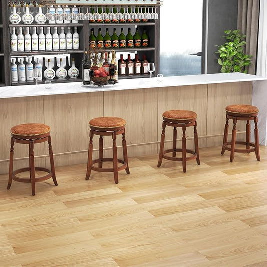 COSTWAY Round Swivel Wooden Bar Stools Set of 4, 24-inch Upholstered Backless PU Leather Farmhouse Counter Chairs with Footrest, Decorative Rivets for Kitchen Island, Dining Room, Walnut