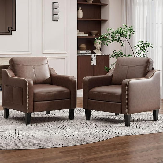 PU Leather Accent Chair Set of 2, Mid-Century Modern Living Room Armchair Sofa with Removable Cushions & Stitched Armrest Design, Bedroom Chair with Plastic Legs, Chocolate Brown