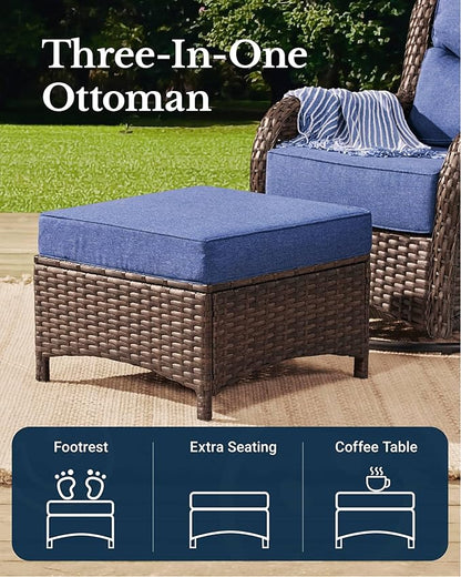 HILLGA Luxury Patio Furniture Set with 6-inch Thick Cushion, Outdoor High Back Swivel Rocker Patio Chairs, 6PCS Wicker Conversation Set for Deck Yard and Poolside, Blue (V2)