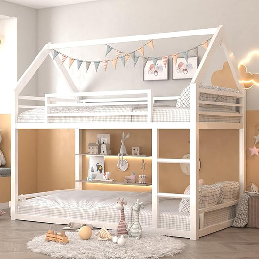 Bunk Bed Twin Over Twin, House Bunk Bed Frame with Ladder and Guardrail, House Shaped Bunk Bed Frame with Metal Slats for Girls Boys, Space Saving, No Box Spring Needed (White)
