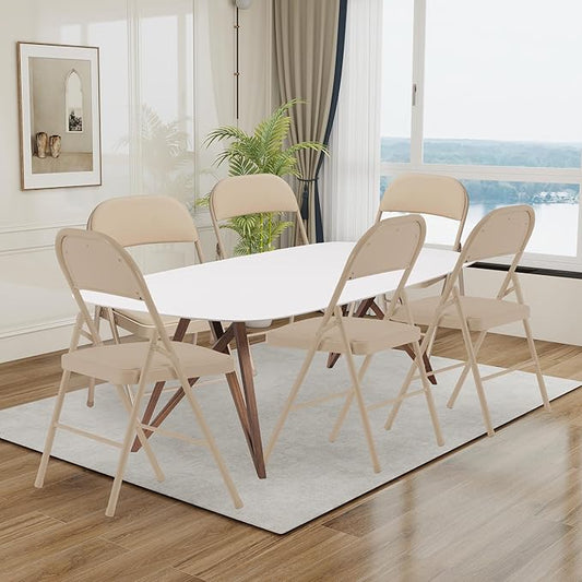 4 Pack Khaki Folding Chairs with Padded Cushion and Back, Portable Duty Metal Frame Commercial Seat, Foldable Indoor Outdoor Chairs for Office Party Events Kitchen Dinning Wedding, 330-LBS Capacity
