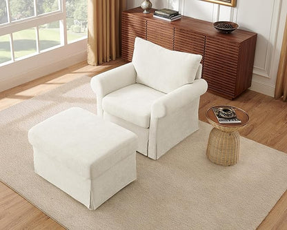 Modern Accent Chairs with Ottoman Set, Comfy Chenille Reading Armchair with Rolled Arms and Cushion Backrest, 35.8" W Single Living Room Chairs for Bedroom, Study, Apartment, Beige