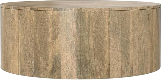 SIMPLIHOME Millbury Drum Coffee Table - 36 inch Wide Solid Mango Wood Round Living Room Table in Briarsmoke, Contemporary Cocktail Table for Family Room or Lounge with Large Surface, Assembled