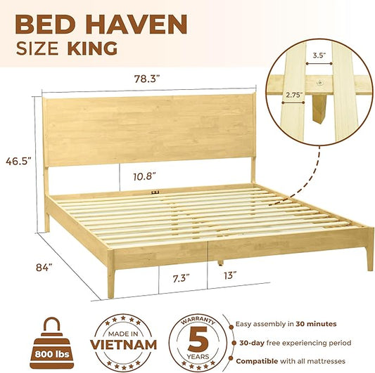 Acacia Haven King Size Bed Frame and Headboard, King Size Platform Bed Frame Scandinavian Wood Bed Compatible with All Mattress Types, No Box Spring Needed, 800lbs Wood Slats Support, Oak