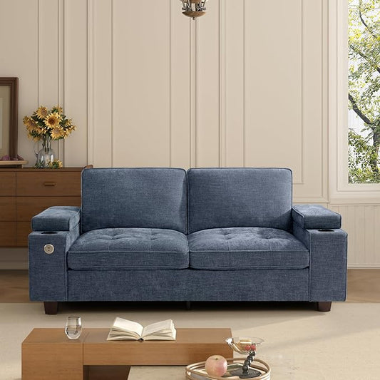 74" Loveseat Couch for Living Room,Modern Chenille Upholstered Sofa with Adjustable Storage Armrest,Cup Holders,USB & Type-C Ports, Solid Wood 2-Seater Loveseat Sofa for Apartment(Blue)