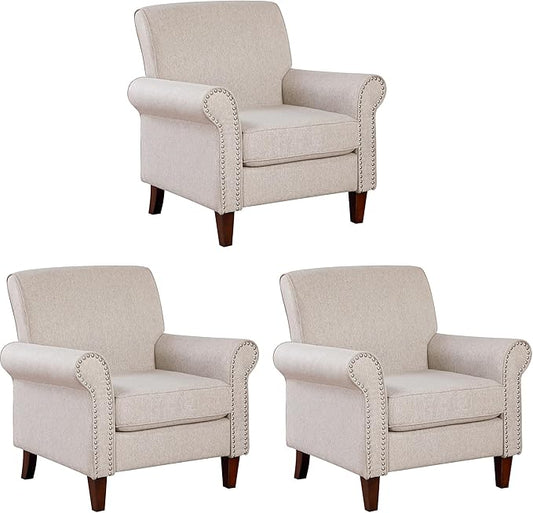 Prilinex Upholstered Living Room Chair Set of 3 - Large Comfy Fabric Accent Chair Single Sofa with Cushion, Rolled Armrest & Nailhead Trim, Mid Century Farmhouse Armchair for Bedroom, Office, Beige