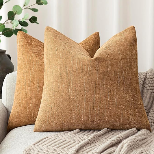 Foindtower Set of 2 Soft Textured Chenille Throw Decorative Pillow Covers Square Accent Solid Cushion Cover Neutral Farmhouse Pillow Case for Couch Sofa Bedroom Living Room 20x20 Inch,Golden Brown