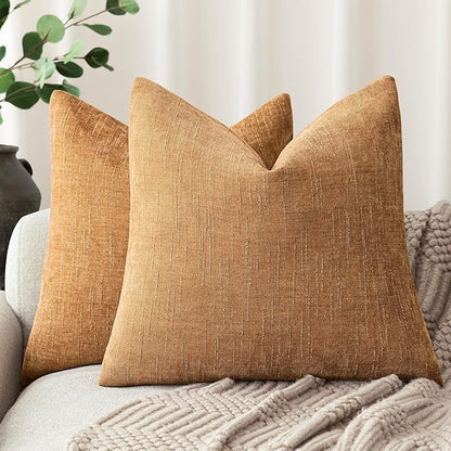 Foindtower Set of 2 Soft Textured Chenille Throw Decorative Pillow Covers Square Accent Solid Cushion Cover Neutral Farmhouse Pillow Case for Couch Sofa Bedroom Living Room 24x24 Inch,Golden Brown