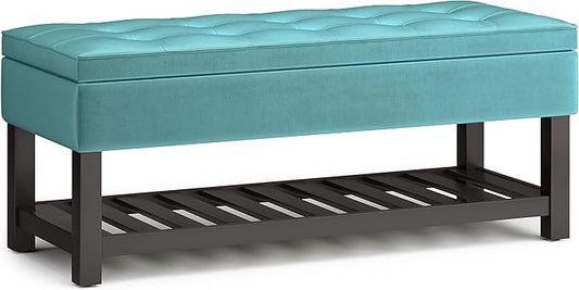 SIMPLIHOME Cosmopolitan 44 inch Wide Traditional Rectangle Storage Ottoman Bench with Open Bottom in Aqua Velvet Fabric, Assembled for the Living Room and Bedroom