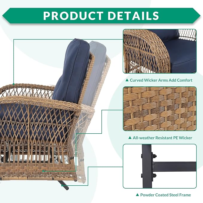 VIVIJASON 3-Piece Outdoor Patio Furniture Set, Outdoor Wicker Glider Rocking Chairs Rattan Conversation Bistro Sets w/ 2 Rattan Cushioned Chairs and Glass Top Side Table for Porch Backyard, Navy Blue