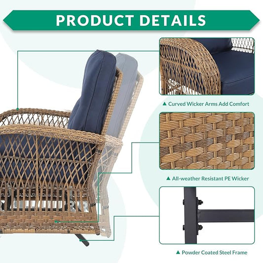 VIVIJASON 5-Piece Outdoor Patio Wicker Conversation Sets, All Weather Outdoor Rattan Furniture Set Includes Glider Loveseat, 2 Coffee Table, 2 Glider Rocker Chairs with Cushions, Navy Blue