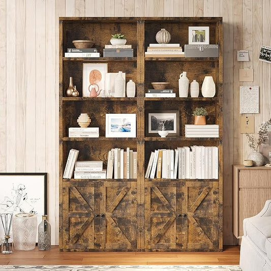 MXV 6-Tier Bookshelf and Bookcase Set of 2, Wooden Bookshelves with Cabinet Doors, Floor Bookshelves and Office Storage Cabinets for Home Office, Living Room (Brown 2 Pack, 6-Tier)