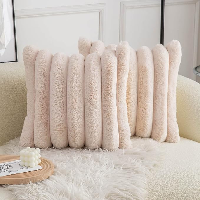 Neelvin Beige Faux Fur Cozy Soft Striped Decorative Throw Pillow Covers 22x22 inch Set of 2,Velvet Pillowcase Cushion Case for Sofa Couch