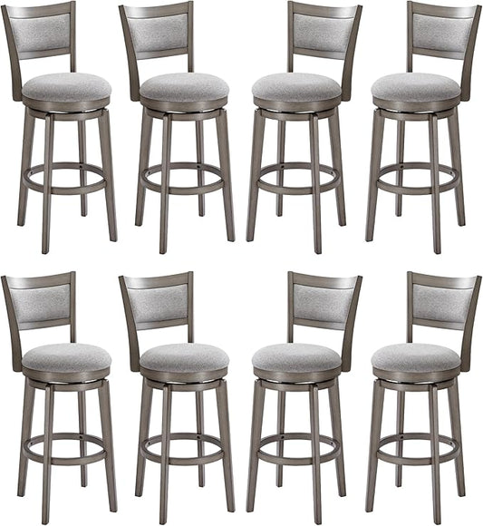 PrimeZone Swivel Bar Stools Set of 8, 30 Inch Bar Height Barstools, High Back Bar Stool with Solid Wood Legs & Wrap-Around Footrest, Counter Stools for Kitchen Island, Pub, Grey