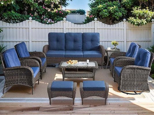 HUMMUH 9-Piece Outdoor Patio Furniture PE Wicker Patio Conversation Set,High Back Patio Couch with Ottomans Coffee Tables Outdoor Chairs for Backyard,Porch,Deck
