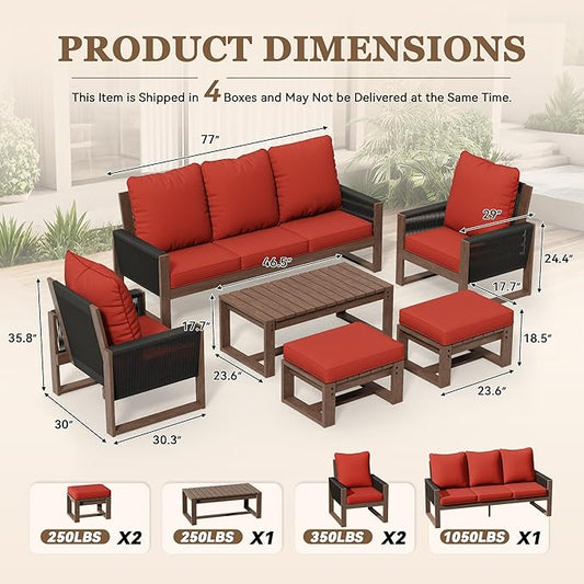 6 Piece Patio Furniture Set with 3-Seat Sofa, 2 Porch Armchairs, 2 Ottoman and 1 Coffee Table Wicker Outdoor Conversation Set for Garden, Terrace, Porch, Balconies, Lawns