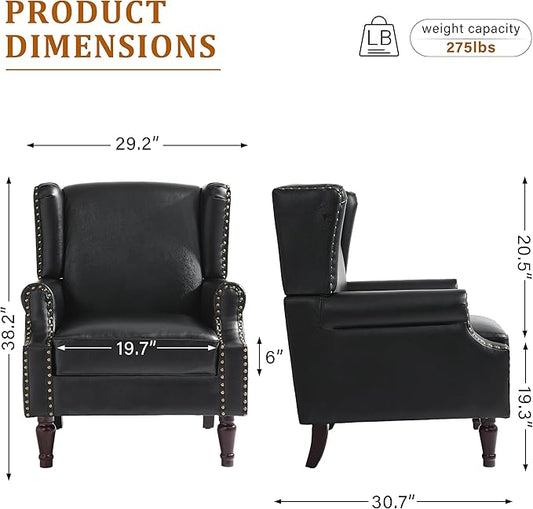 Faux Leather Wingback Accent Chairs Set of 2, High Back Upholstered Armchair, Comfy Fabric Wingback Arms Chairs with Solid Wood Legs, Single Sofa Reading Chair for Bedroom Living Room, Black