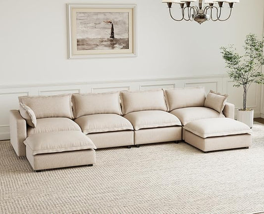 chairus 126" Modular Sectional Sofa with 2 Moveable Ottoman Upholstered Deep Seat Linen Couch Set with Soft Pillows U Shaped Sofa Couch for Living Room, Apartment, Reception Room, 4-Seater/Oatmeal