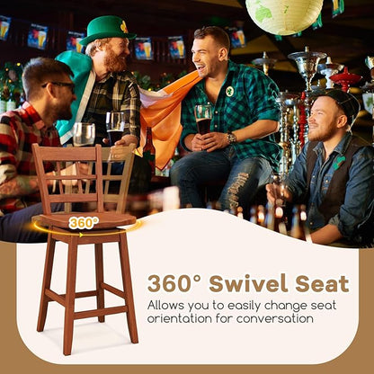 COSTWAY Swivel Bar Stools Set of 4, 24.5 Inch Counter Height Bar Chairs w/Hollow Backrest & Contoured Seat, Wooden Barstools w/Footrest for Kitchen Island, Pub, Bistro, Cafe (4, Walnut)