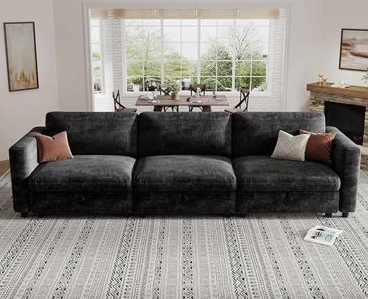 KKL Modular Sectional Sofa Couches for Living Room, 113" Sofa Couch with Adjustable Backrest, Chenille 3 Seater Sofa Couch with Comfy Cushion, Chenille, Black