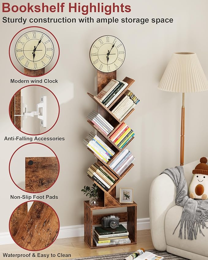7 Tier Tree Bookshelf with Clock and Storage Cabinet, Small Narrow Floor Standing Bookcase for Bedroom, Living Room, Home Office, Rustic Brown