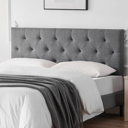Linen Upholstered Headboard Twin Size, Diamond Tufting Solid Wood Twin XL Headboard Only, Adjustable Height from 37” to 51” Head Board, Dorm Bed Frame or Wall Mount Headboards, Light Grey