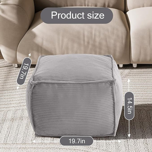 MeMoreCool Square Stuffed Pouf Ottoman Foot Rest, Corduroy Floor Pouf Foot Stool with Foam Chunk Filling, Soft Stuffed Ottoman Footrest for Living Room, Light Grey