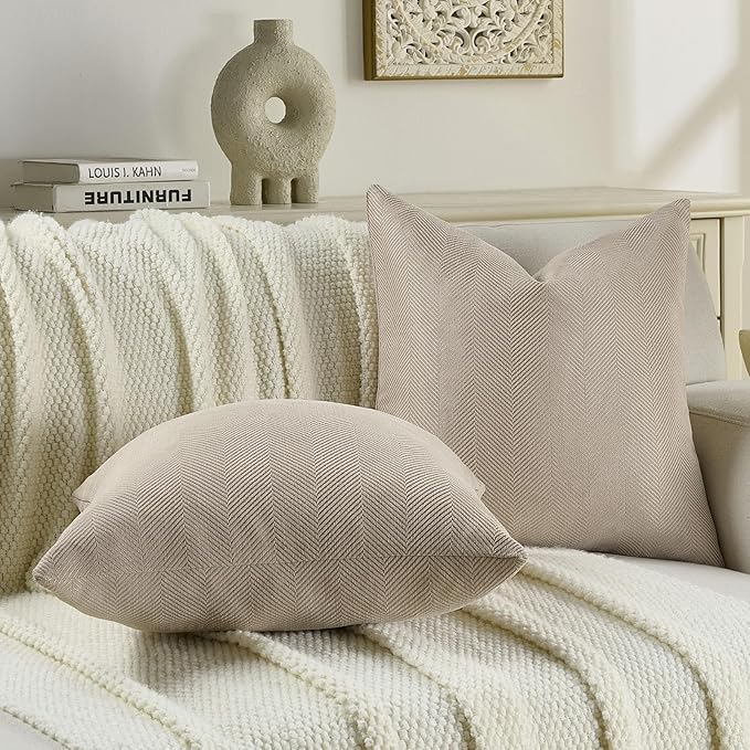 FUTEI Oatmeal Chenille Throw Pillow Covers 16x16 Inch Set of 2,Soft Wide Chevron Textured Cushion Case,Farmhouse Home Decor for Couch Bed Living Room