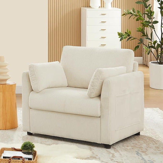 Modern Corduroy Accent Chairs, 38" W Comfy Armchair with Soft Pillows and Side Pockets, Single Reading Chairs for Living Room, Bedroom, Apartment, Beige