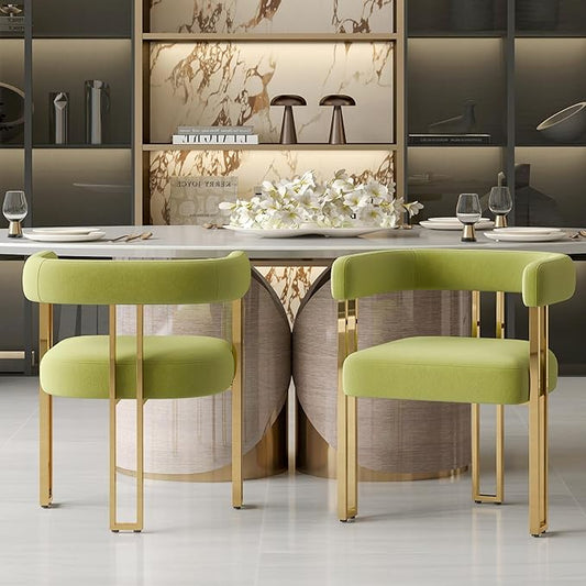 Green and Gold Modern Dining Chairs Set of 2, Velvet Upholstered Barrel Armchairs with Metal Legs for Kitchen Island, Mid Century Accent Chairs for Dining Room Living Room, Open-Back