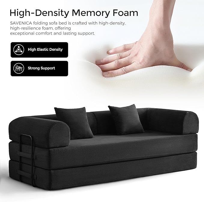 79" Convertible Sofa Bed with Fixed-Shape Frame & Removable Armrests, Modular Corduroy Sleeper Sofa, Folding Mattress Couch for Small Spaces - No Assembly Needed in Black (Includes 2 Pillows)