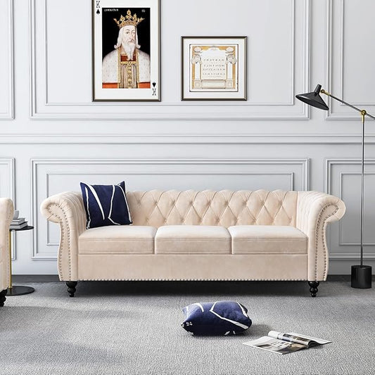Chesterfield 3 Seater Sofa, Modern Velvet Tufted Couch 3 Seater with Rolled Arms and Nailhead Mid-Century Upholstered Couch for Living Room, Bedroom, Apartment and Office, Beige