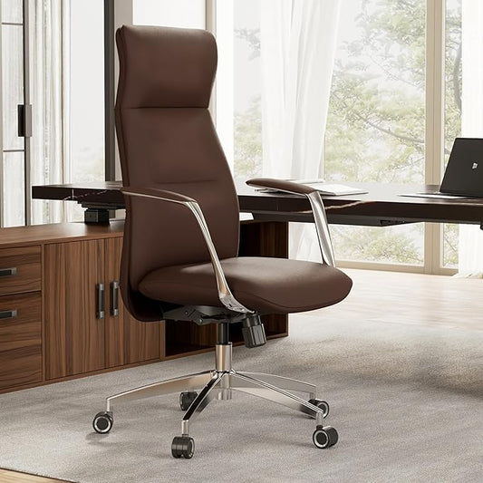 EUREKA ERGONOMIC Royal Slim Executive High Back Brown Leather Office Chair, Home Desk Chair for Adults, Big and Tall with Wheels, Swivel Rolling
