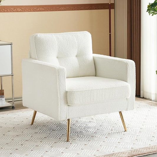 VINGLI Upholstered Living Room Chairs White Accent Chair Fluffy Teddy Fabric Mid Century Modern Sofa Chairs with Arms, Gold Legs for Reading, Bedroom, Waiting Room
