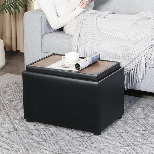 Adeco 22 Inches Storage Ottoman Bench, Non-Folding End of Bed Foot Rest Stools Ottoman with Thicker Foam Padded Seat, Upholstered Storage Chest for Living Room, Entryway, Bedroom