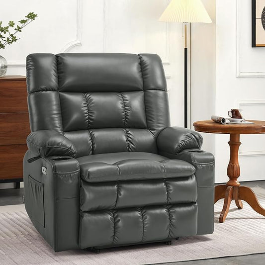 MCombo Dual Motor Power Lift Recliner Chair for Elderly, Lay Flat Lift Chair with Heat and Massage, Extra Wide Lift Recliner for Big People, Cup Holders, Faux Leather R7897 (Grey, Medium-Wide)