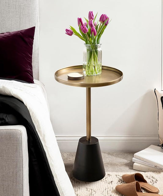 Kate and Laurel Tira Elegant Round Side Table, 14 x 24, Brass and Black, Modern Glam Circle End Table for Use as Bedroom Nightstand or Living Room Table Option