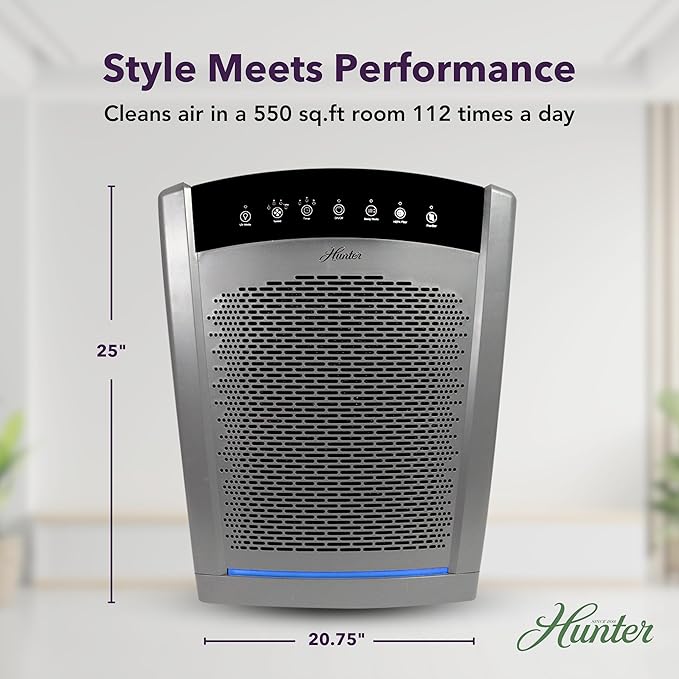 Hunter HP850 Air Purifiers for Home Large Room and Bedroom. True HEPA Air Purifier for Pets, Odors, Allergens, Smoke, Dust. UV Value Bundle w/Extra Filter, Cleans 2585 Ft² per hour. Graphite