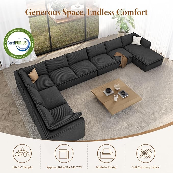 Vesgantti 204.7" Oversized Boneless Sectional Couch, Modern 9 Seater Modular Sofa with Chaise, Deep Seat Convertible Corduroy Cloud Couches for Living Room, No Assembly Required, Black
