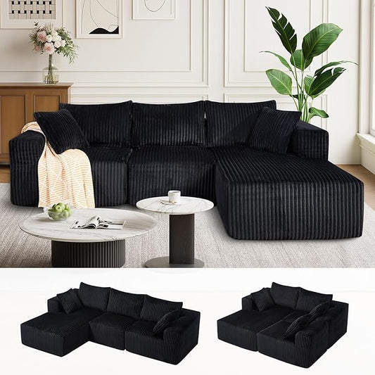 BV 102" Modern Modular Sectional Sofa,Cloud Couch Sectional with Chaise,Comfy Upholstered L-Shape Sofa for Living Room, Deep Seat Boneless Couch, No Assembly Required,Black
