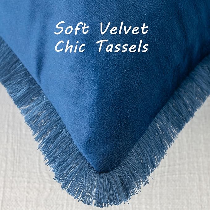 FUTEI Navy Blue Velvet Decorative Throw Pillow Covers 22x22 Set of 2,Soft Cozy Edge with Tassels Cushion Case,Boho Modern Home Decor for Couch Bed Living Room