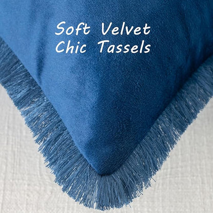 FUTEI Navy Blue Velvet Decorative Throw Pillow Covers 12x20 Set of 2,Soft Cozy Edge with Tassels Lumbar Pillow Cases,Boho Modern Home Decor for Couch Bed Living Room