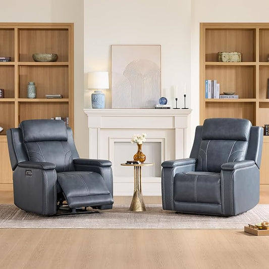 Watson & Whitely Genuine Leather Electric Recliner Chairs for Adults, Lay Flat Recliner with Power Headrest & Chargers for Living Room, Navy