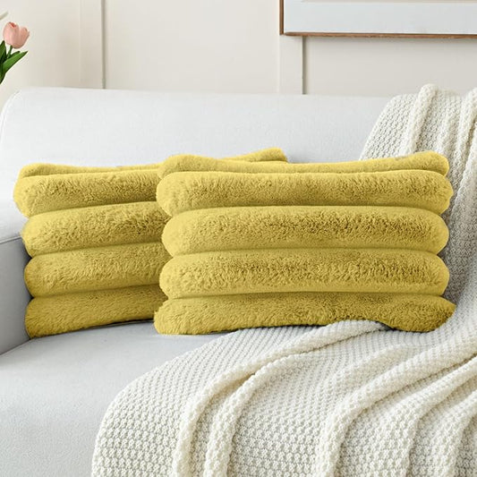 FUTEI Mustard Yellow Decorative Throw Pillow Covers 12x20 Inch Set of 2, Square Soft Faux Rabbit Fur Big Striped Cushion Cover,Home Decor for Couch Sofa Bed Living Room