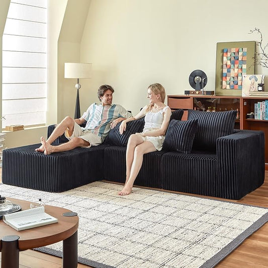 Modular Sectional Sofa, 101" Boneless Couch Sectional, Deep Seat L Shaped Sofa, All-Foam Filled Cloud Couch for Living Room (Black, Corduroy)