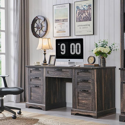 RedLemon 60" Executive Desk, Farmhouse Home Office Desk with Drawers, Charging Station, Keyboard Tray, File Drawer, Storage Cabinet, Wood Rustic Computer Writing Desk (Dark Rustic Oak)